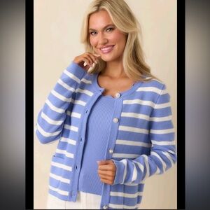 NEW JoyLab Light Blue and White Striped Cardigan with Pearlescent Buttons